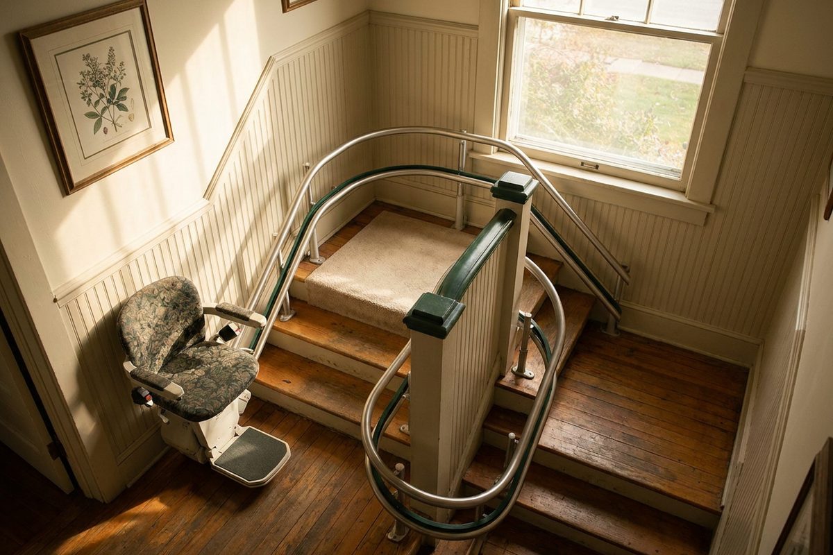 Curved stair lift rail fitted round a landing by a local stair lift installer