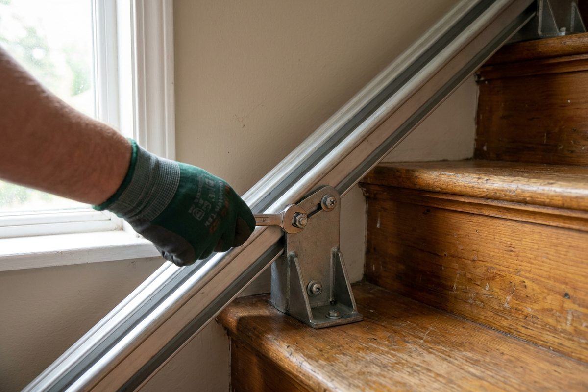 Stairlift rail bracket bolted to a wooden stair tread during installation